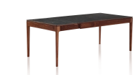 Table extensible 8 à 12 personnes en noyer et céramique allonges céramique avec bois teinte naturelle et plateau et allonges céramique effet ardoise 210x100 cm