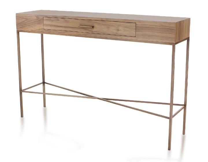 Consola de diseño nogal tinte natural y metal pátina latón 100 cm