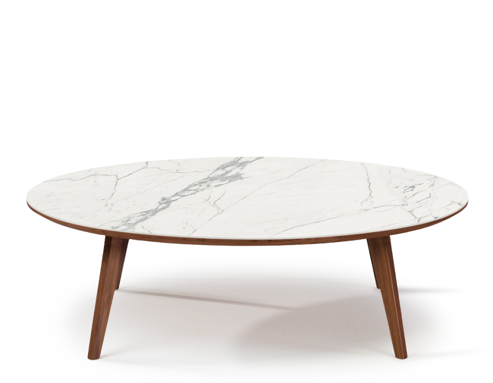 Table basse ronde F1 en noyer et céramique bois teinte naturelle plateau céramique effet marbre blanc 90x90x30 cm