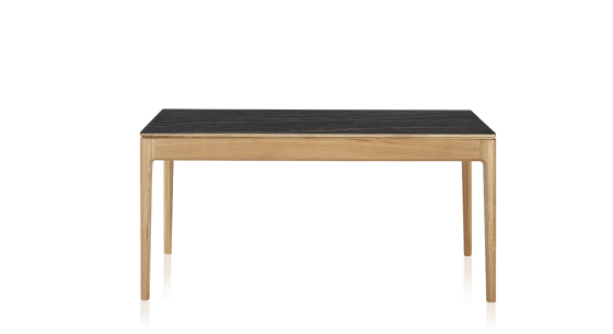 Table salle à manger en chêne et céramique 8 personnes avec bois teinte naturelle et plateau céramique effet marbre noir 210x100 cm