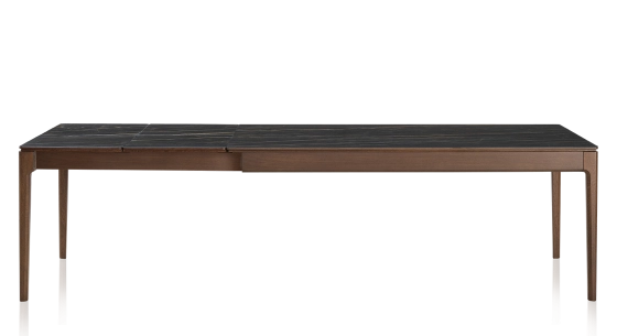 Table extensible 8 à 12 personnes en chêne et céramique allonges céramique avec bois teinte marron foncé et plateau et allonges céramique effet marbre noir 210x100 cm