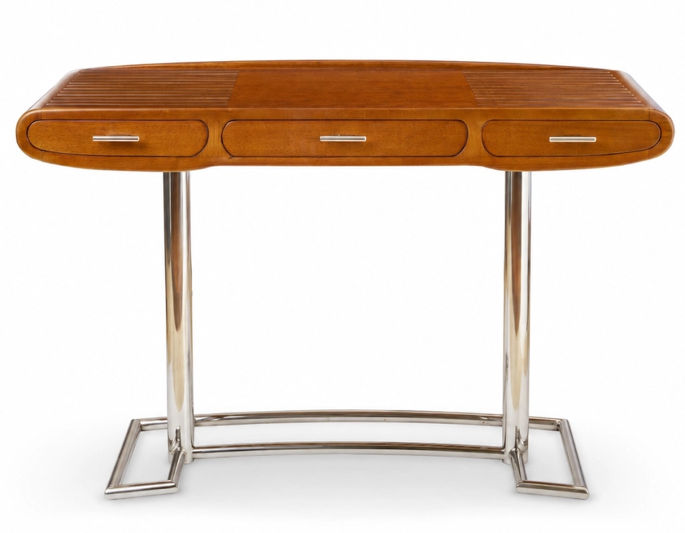 Bureau art déco 3 tiroirs métal et bois teinte merisier