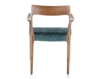 Scandinavian armchair with armrests wood stained walnut seat in petrol blue velvet fabric