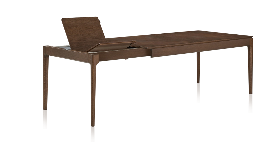 Table extensible 6 à 10 personnes en chêne et céramique allonges bois avec bois teinte marron foncé et plateau céramique brun oxydé 140x90 cm