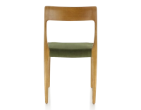 Chaise scandinave bois teinte merisier assise tissu vert olive