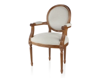 Silla antigua estilo Luis XVI con reposabrazos madera con tinte envejecido y tejido beige natural