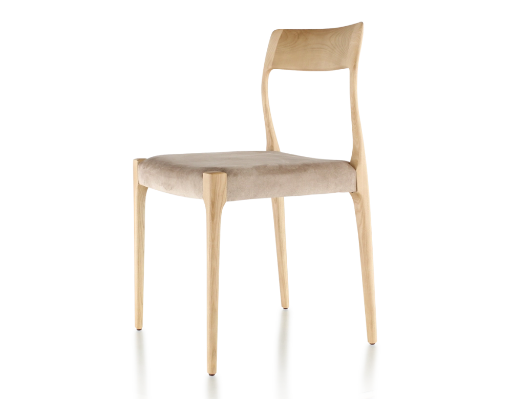 Chaise scandinave bois teinte naturelle assise tissu velours taupe clair