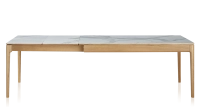 Table extensible 8 à 12 personnes en chêne et céramique allonges céramique avec bois teinte naturelle et plateau et allonges céramique effet marbre blanc 210x100 cm