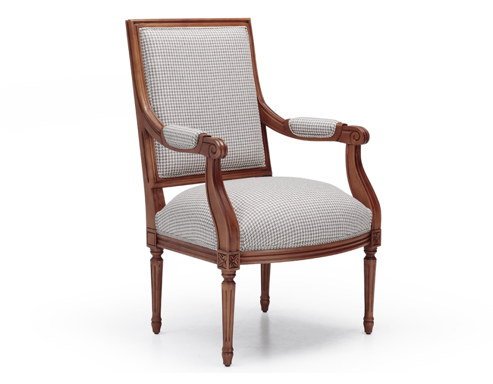 Fauteuil ancien style Louis XVI bois teinte ancienne et tissu pied de poule blanc et taupe