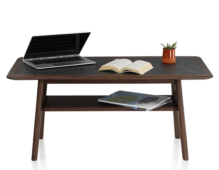 Rectangular coffee table in oak and ceramic with dark brown stained wood and slate effect ceramic top 100x50 cm