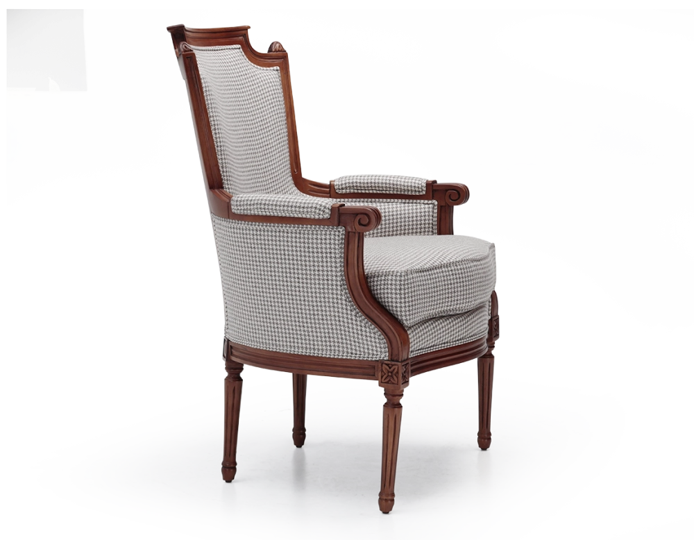 Louis XVI style bergère armchair wood antique stain and white and taupe houndstooth fabric