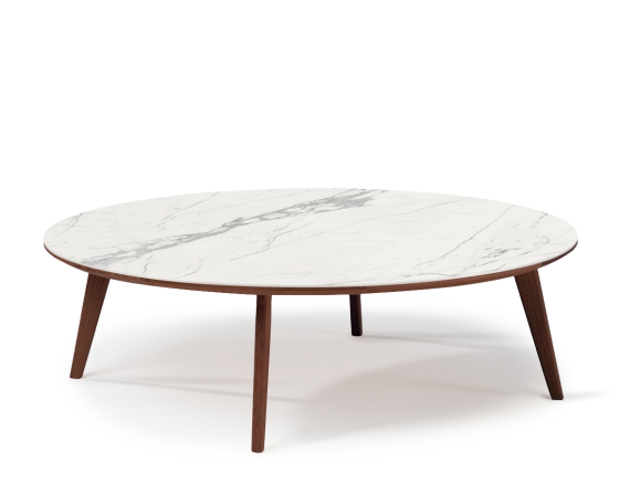 Table basse ronde F1 en chêne et céramique bois teinte marron foncé plateau céramique effet marbre blanc 100x100x30 cm