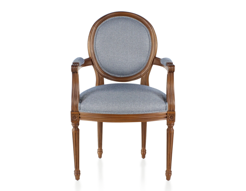 Antique Louis XVI style armchair with armrests aged wood stain and blue chevron fabric