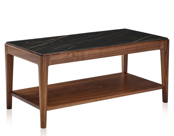 Table basse rectangulaire en noyer et céramique avec tablette en bois teinte naturelle plateau céramique effet marbre noir 100x50 cm