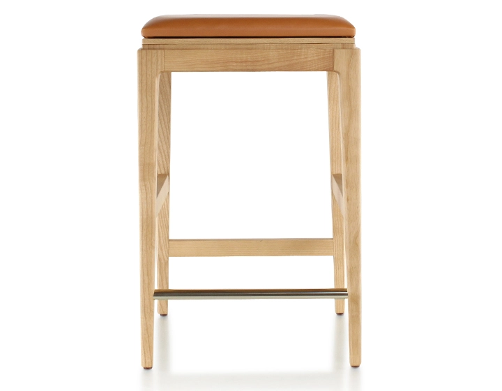 H60 cm designer bar stool natural tint wood, caramel leather seat