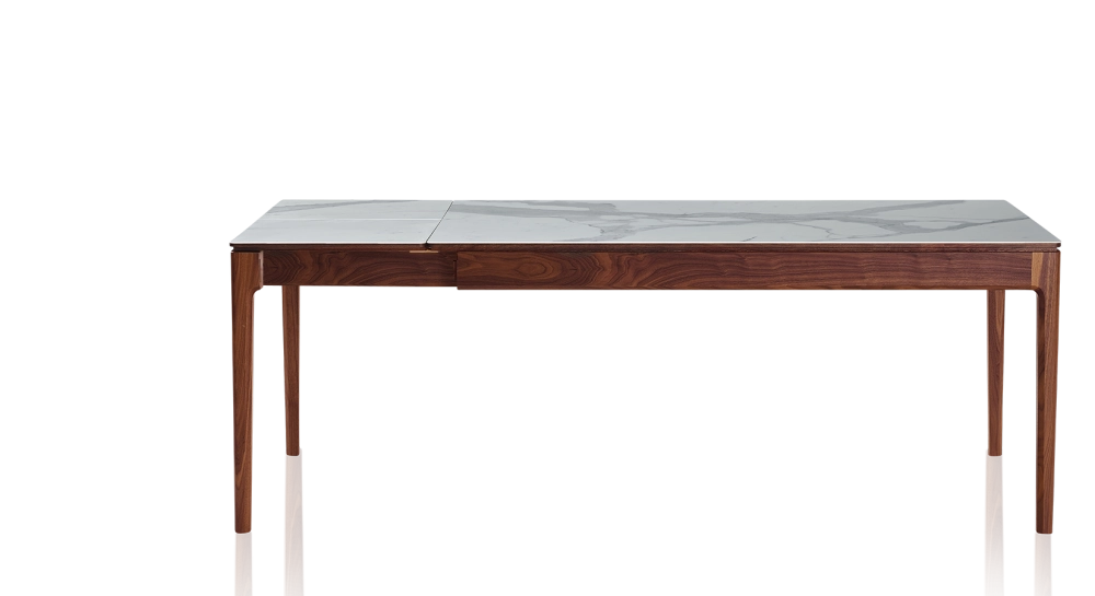 Table extensible en noyer et céramique 6 à 10 personnes allonges céramique avec bois teinte naturelle et plateau et allonges céramique effet marbre blanc 140x90 cm