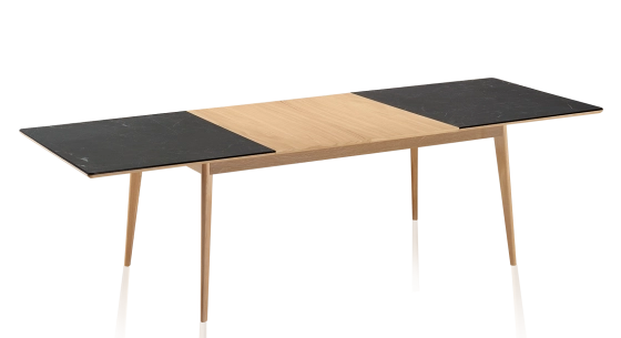Table extensible 6 à 8 personnes en chêne et céramique allonges bois avec bois teinte naturelle et plateau céramique effet ardoise 140x90 cm