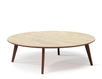 Table basse ronde F1 en chêne et céramique bois teinte marron foncé plateau céramique effet pierre travertin 90x90x30 cm