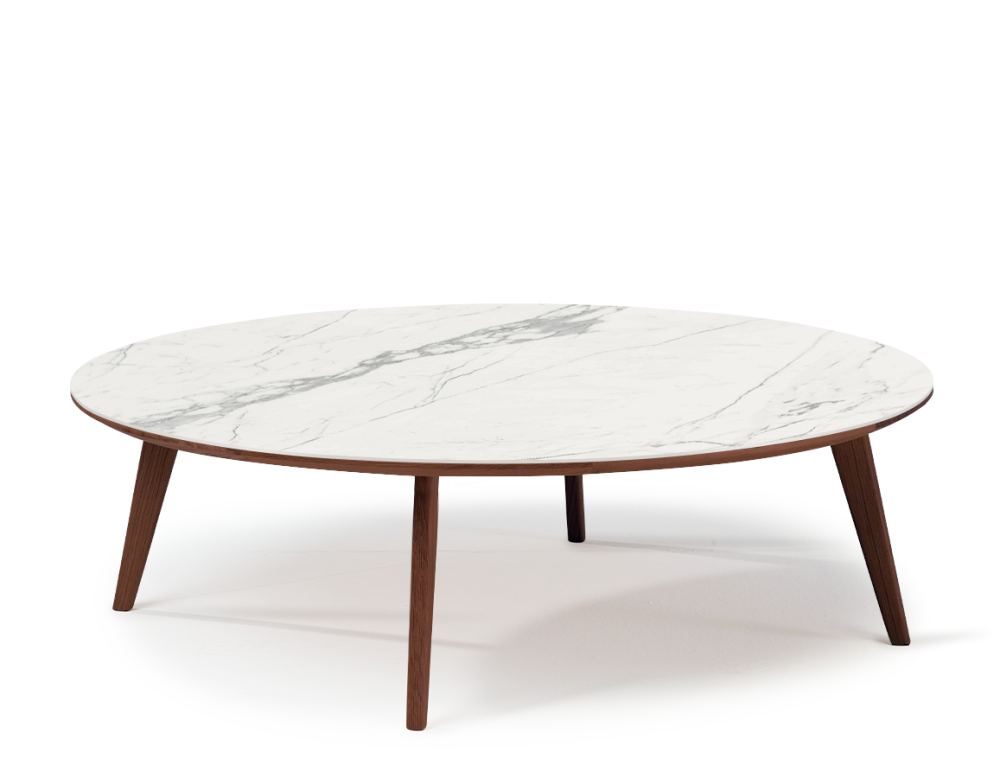 Table basse ronde F1 en chêne et céramique bois teinte marron foncé plateau céramique effet marbre blanc 90x90x30 cm