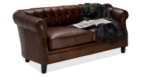 2 seater Chesterfield leather sofa dark brown studded armrests