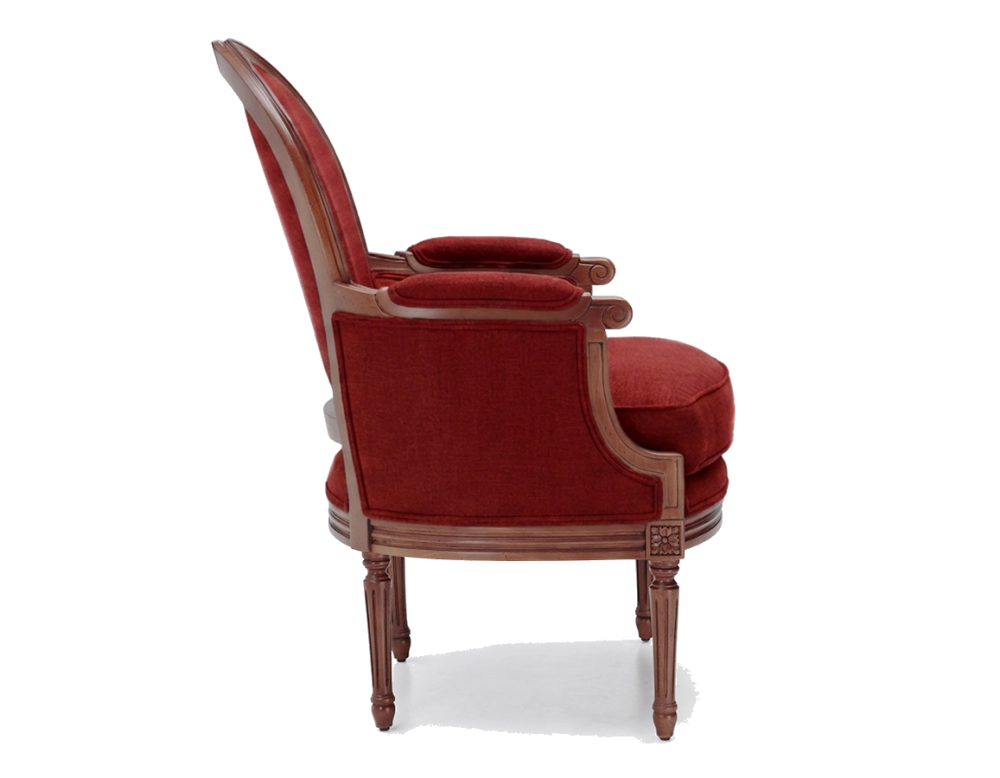 Fauteuil bergère mouluré style Louis XVI bois teinte ancienne et tissu bordeaux