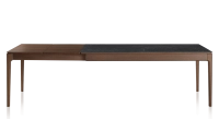 Table extensible 8 à 12 personnes en chêne et céramique allonges bois avec bois teinte marron foncé et plateau céramique effet ardoise 210x100 cm