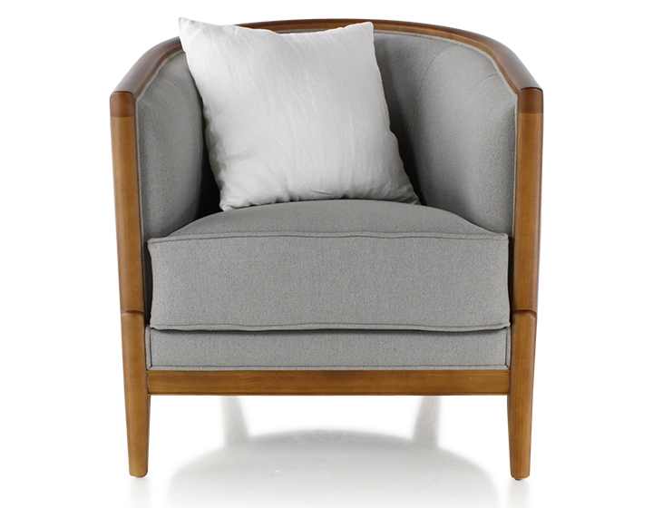 Fauteuil ancien bois teinte merisier et tissu gris clair