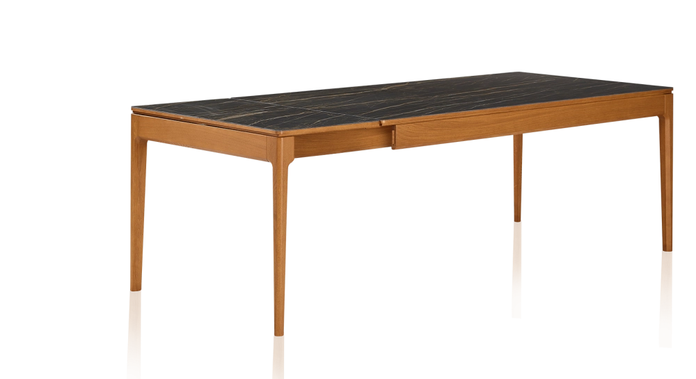 Table extensible 8 à 12 personnes en chêne et céramique allonges céramique avec bois teinte merisier et plateau et allonges céramique effet marbre noir 210x100 cm