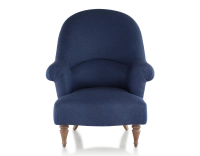 Fauteuil crapaud avec accoudoirs pieds bois teinte noyer et tissu bleu marine haut dossier