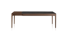 Table extensible 8 à 12 personnes en chêne et céramique allonges bois avec bois teinte marron foncé et plateau céramique effet marbre noir 210x100 cm