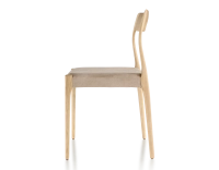 Chaise scandinave bois teinte naturelle assise tissu velours taupe clair