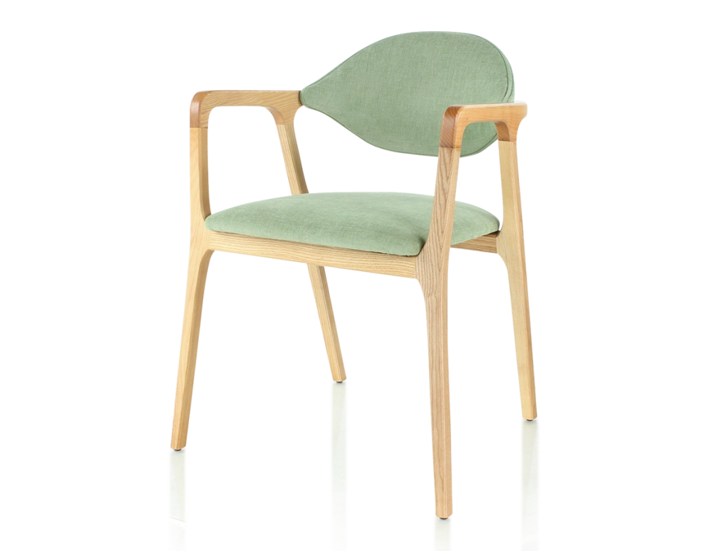 Chaise design avec accoudoirs bois teinte naturelle et tissu vert