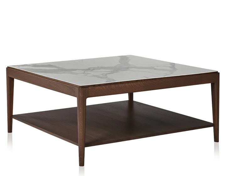 Mesa de centro cuadrada de roble y cerámica con estante en madera tinte marrón oscuro tablero cerámico efecto mármol blanco 100x100 cm