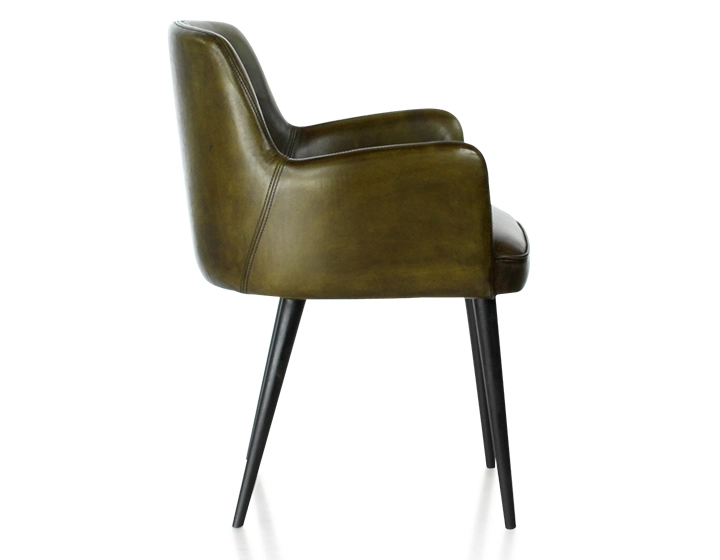 Vintage armchair with leather armrests olive green
