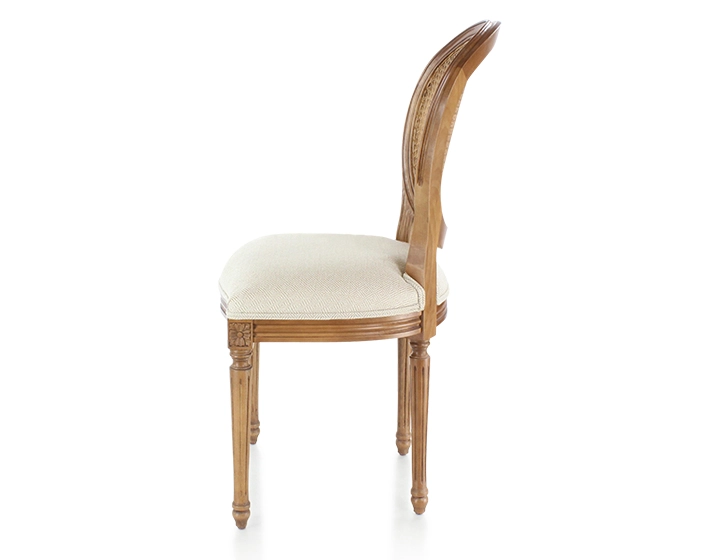 Silla antigua estilo Luis XVI madera tinte envejecido respaldo de rejilla asiento tejido chevron beige