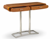 Console art déco double tiroirs métal et bois teinte merisier