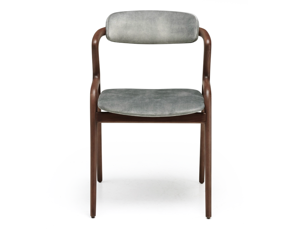 Silla escandinava madera tinte nogal asiento tejido terciopelo gris azul