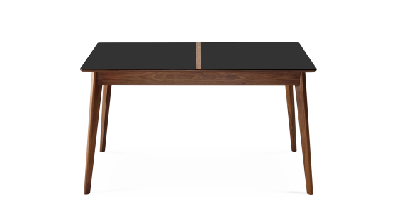 Table extensible 6 à 8 personnes en noyer et céramique allonges bois avec bois teinte naturelle et plateau céramique noir unie 160x100 cm