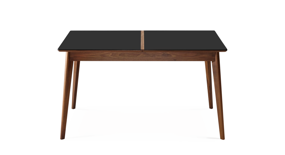 Table extensible 6 à 8 personnes en noyer et céramique allonges bois avec bois teinte naturelle et plateau céramique noir unie 140x90 cm