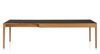 Table extensible en chêne et céramique 6 à 10 personnes allonges céramique avec bois teinte merisier et plateau et allonges céramique effet marbre noir 140x90 cm