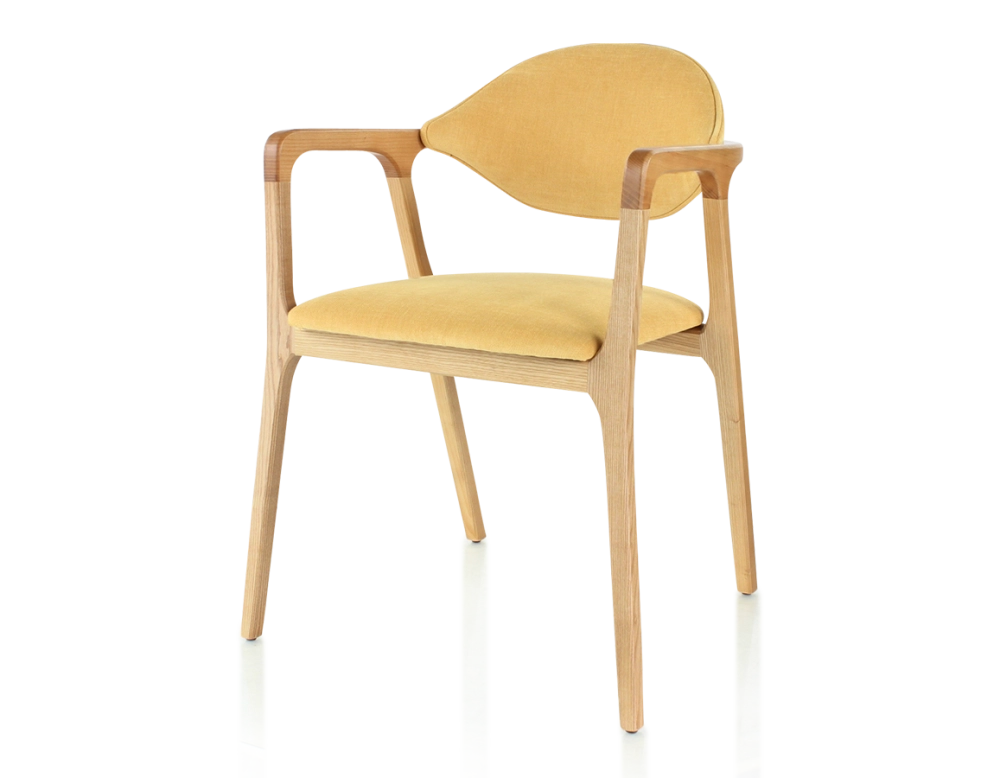 Chaise design avec accoudoirs bois teinte naturelle et tissu jaune