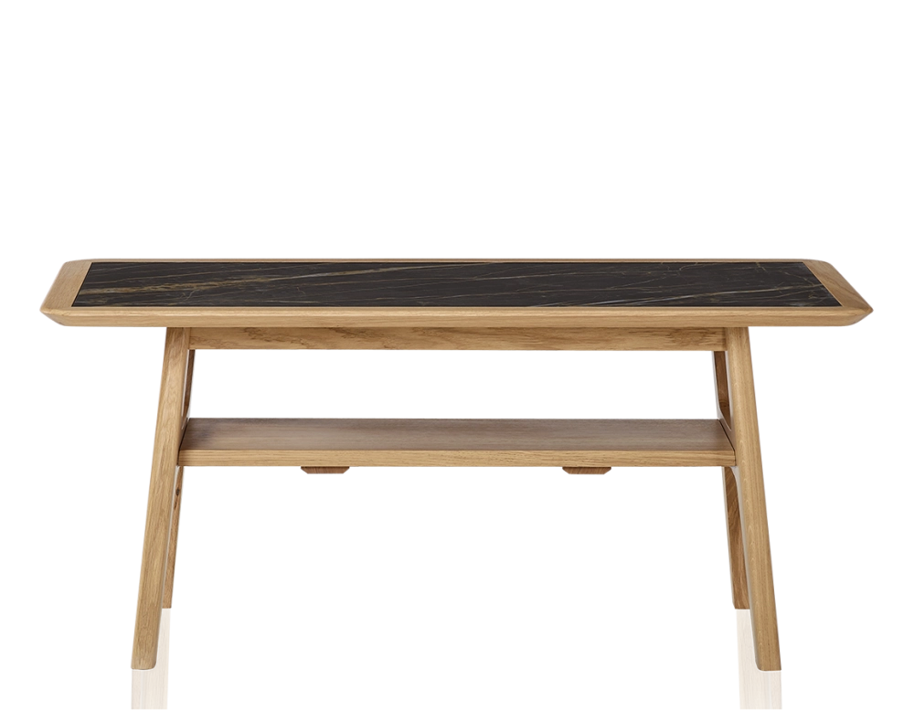 Table basse rectangulaire en chêne et céramique avec bois teinte naturelle plateau céramique effet marbre noir 100x50 cm