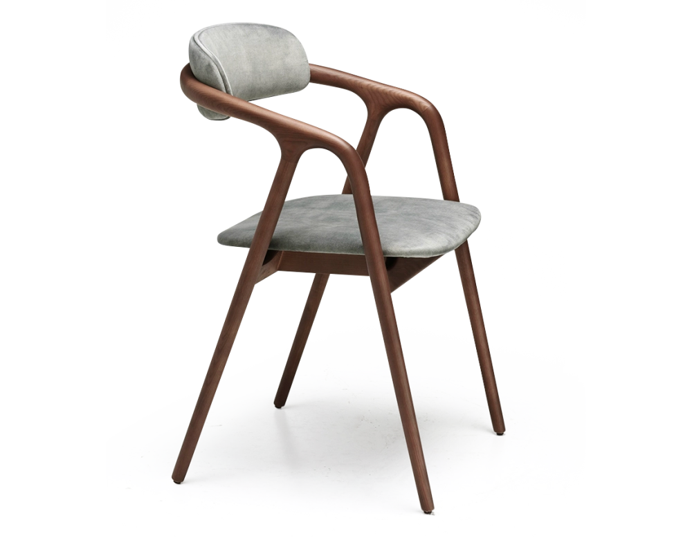 Chaise scandinave bois teinte noyer assise tissu velours gris bleu