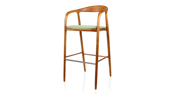 Tabouret de bar h80 cm teinte merisier assise tissu vert bois teinte merisier et tissu vert