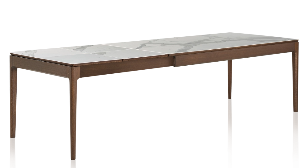 Table extensible en chêne et céramique 6 à 10 personnes allonges céramique avec bois teinte marron foncé et plateau et allonges céramique effet marbre blanc 140x90 cm