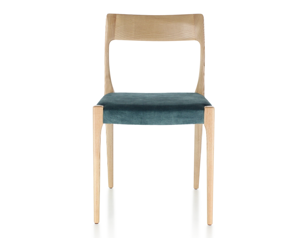 Chaise scandinave bois teinte naturelle assise tissu velours bleu pétrole