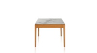Table extensible 8 à 12 personnes en chêne et céramique allonges céramique avec bois teinte merisier et plateau et allonges céramique effet marbre blanc 210x100 cm