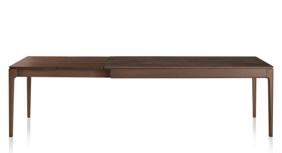 Table extensible 8 à 12 personnes en chêne et céramique allonges bois avec bois teinte marron foncé et plateau céramique brun oxydé 180x100 cm