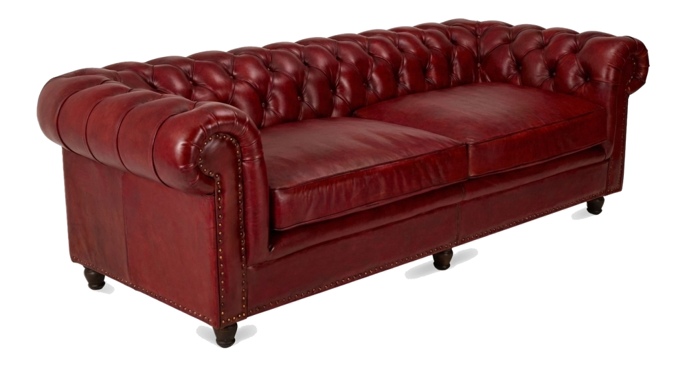 Canapé Chesterfield cuir 3 places rouge carmin accoudoirs cloutés