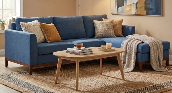 Canapé d'angle méridienne droite 5 places tissu bleu jean (3G - MD)